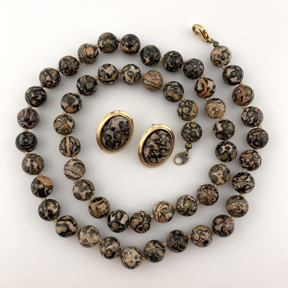 LEOPARD SKIN JASPER 10mm BEADs 24" NECKLACE & 7/8" OVAL POST PIERCE EARRING SET